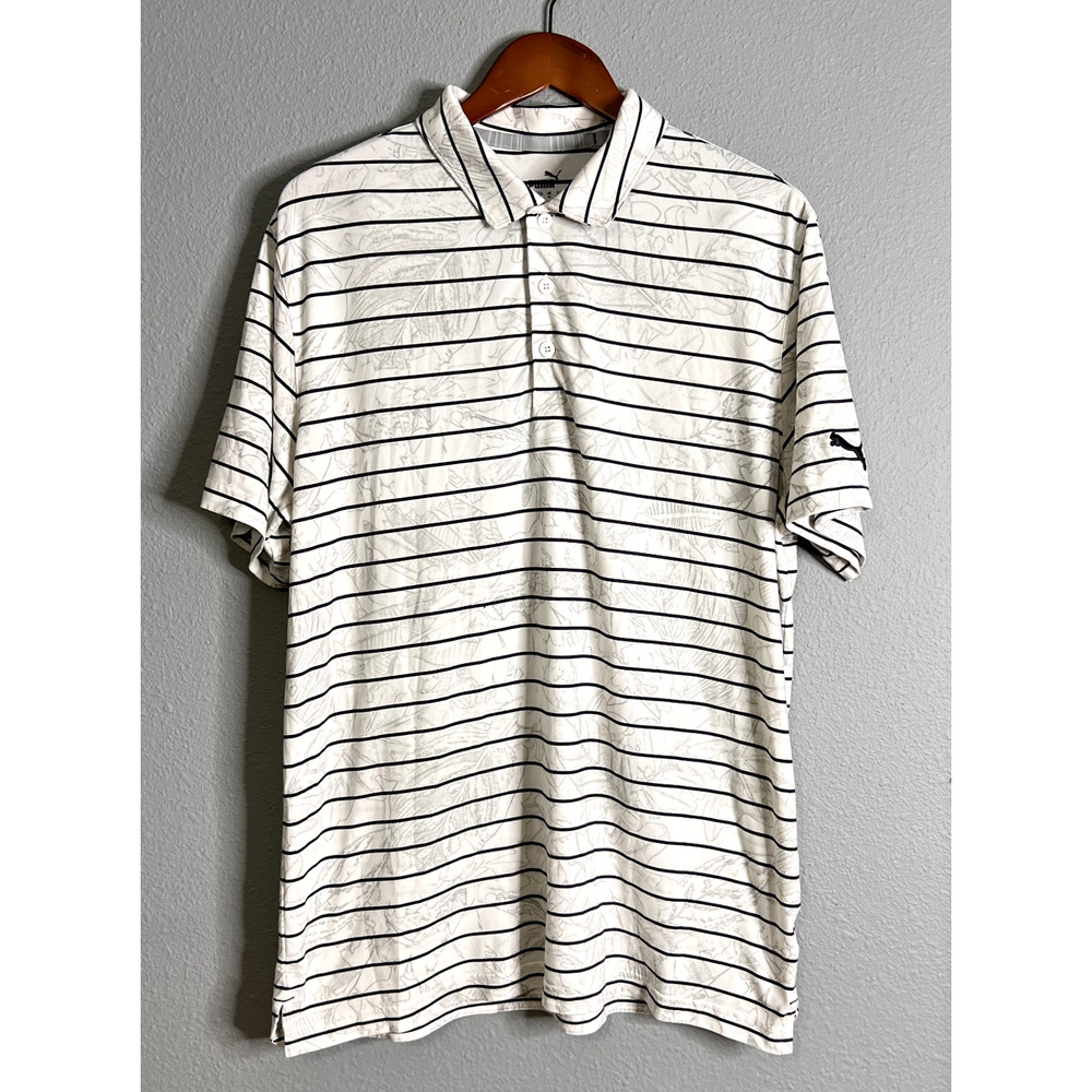 Puma Polo Shirt Mens Large White Gray Nature Graphic Performance Golf X Stretch